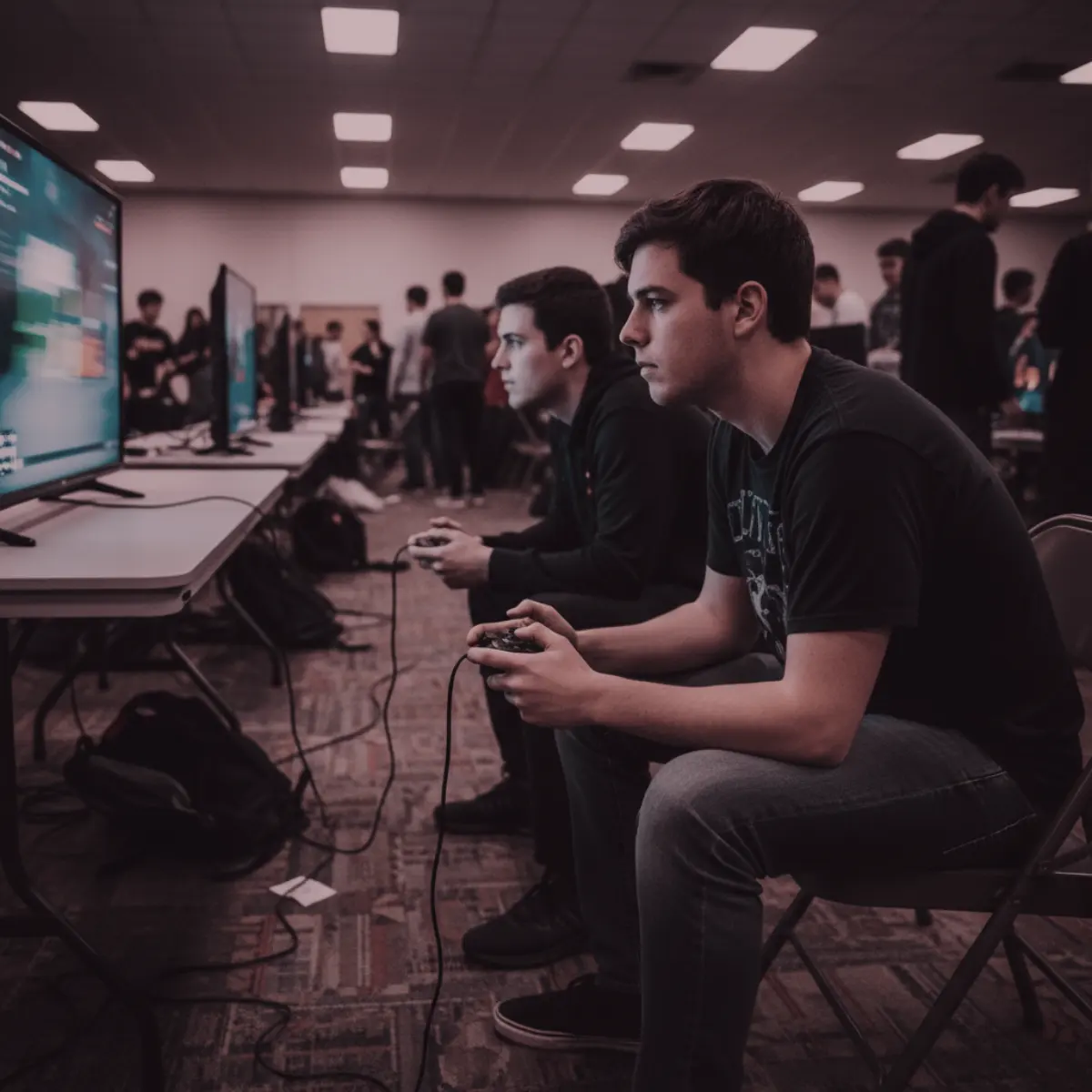 Two players sitting side by side at a setup, leaning in, controllers in hand.